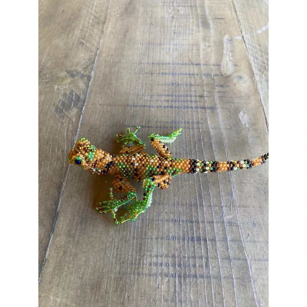 Handcrafted Beaded Lizard Brooch Orange Green Seed Bead Reptile Pin 5 Inch